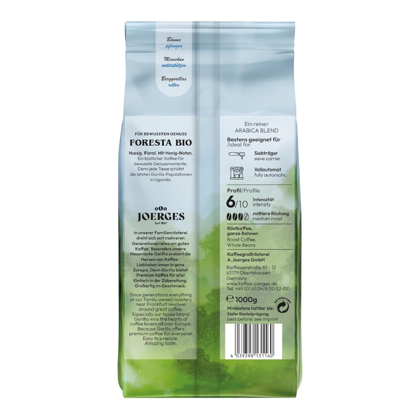Gorilla Foresta Coffee 6 x 1000g helrostade bönor | Arabica blandning | Portafilter och helautomatiska espressomaskiner | Espressokaffe