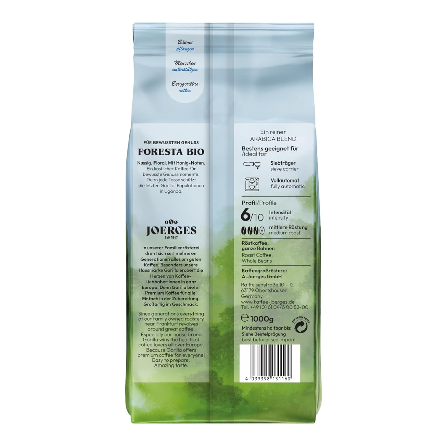 Gorilla Foresta Coffee 6 x 1000g helrostade bönor | Arabica blandning | Portafilter och helautomatiska espressomaskiner | Espressokaffe