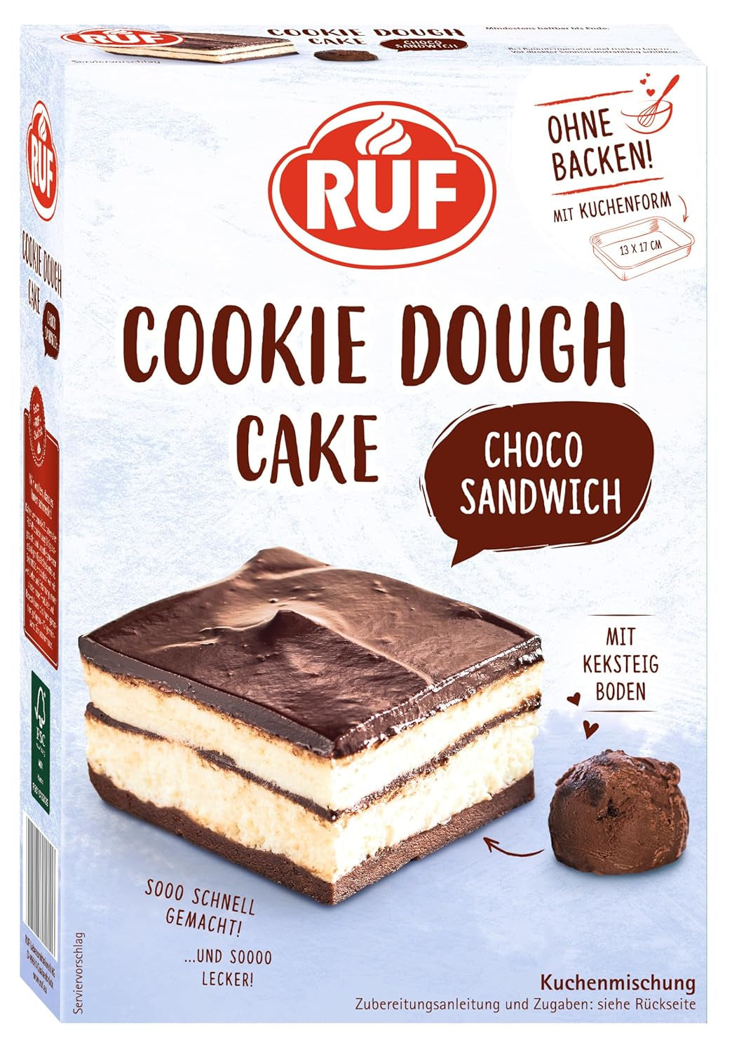 RUF Cookie Dough Cake Ohne Backen, Tortenboden Aus Keksteig Mit Frischkäse-Creme Und Schokoladenstückchen, Inkl. Kuchenform, 1X325G Blandning för bakning och matlagning Naty Shop 320 G (1Er Pack) Cookie Dough Sandwich