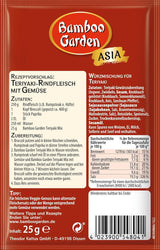 Bamboo Garden - Teriyaki kryddblandning , Gewürzmischung für Teriyaki , Für 4 Portionen , Ohne Geschmackverstärker och Konservierungsstoffe , 1 x 25 g (Verpackungsdesign kann abweichen)