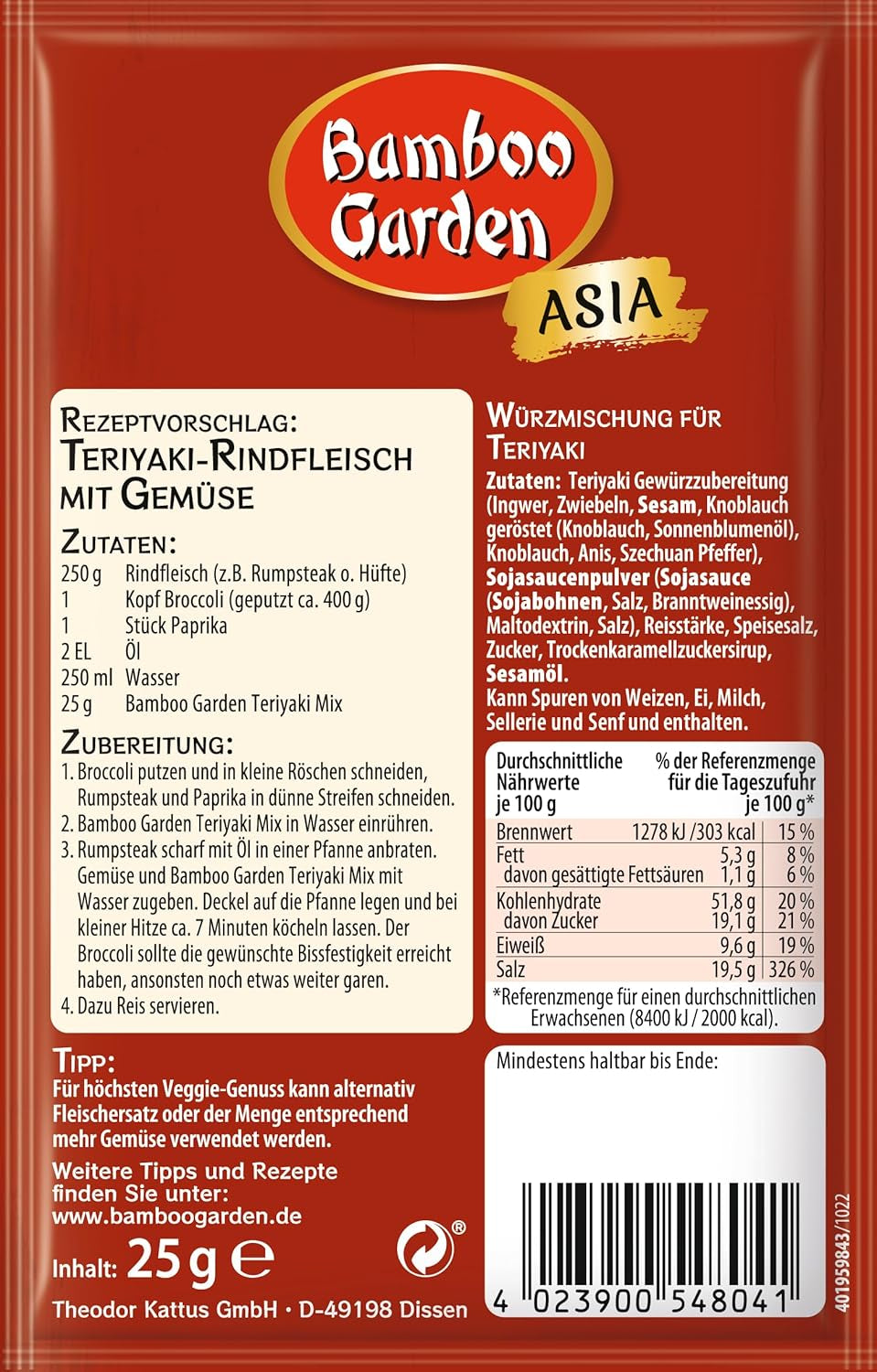 Bamboo Garden - Teriyaki kryddblandning , Gewürzmischung für Teriyaki , Für 4 Portionen , Ohne Geschmackverstärker och Konservierungsstoffe , 1 x 25 g (Verpackungsdesign kann abweichen)