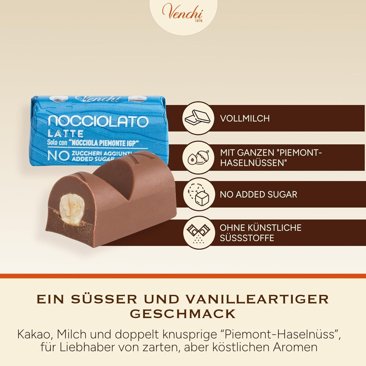 Venchi - Chokladkakor med mjölk och hasselnötter - 70 % socker - Praliner med PGI Piemonte hela hasselnötter, 1 kg - Glutenfri