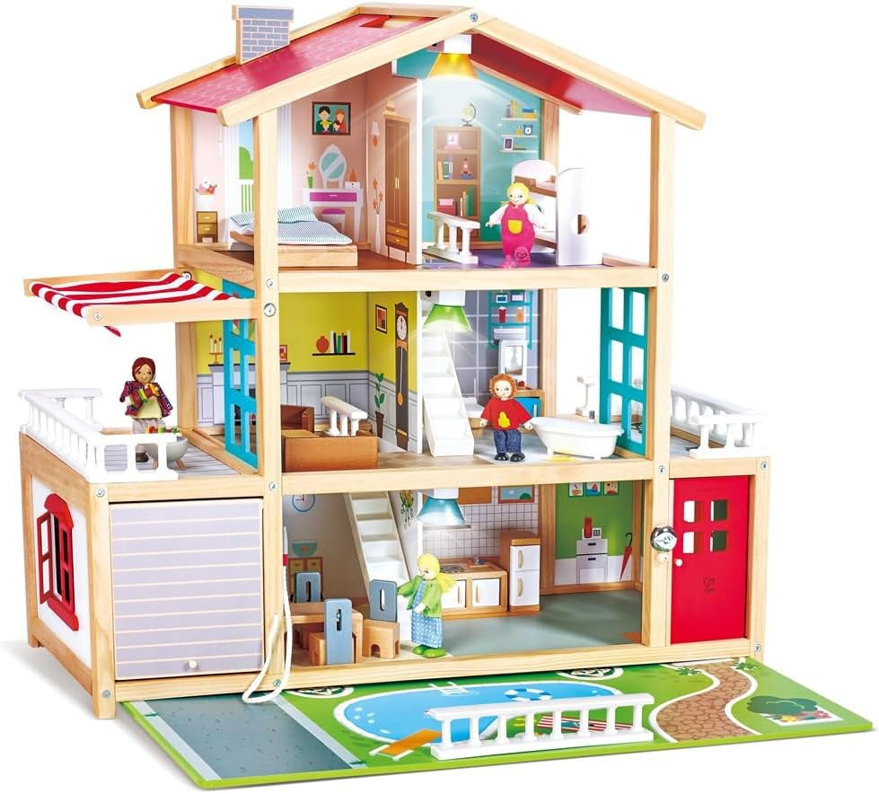 Hape dockvilla 10-rums dockhus i trä Kreativt rollspel inklusive möbler och tillbehör Pedagogisk leksak för åldrarna 3 och uppåt