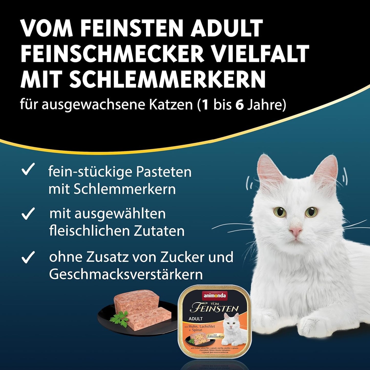 animonda Vom Feinsten Adult Gourmet Variety (32 x 100 g), spannmålsfritt och sockerfritt våtfoder för vuxna katter med en oemotståndlig gourmetkärna.