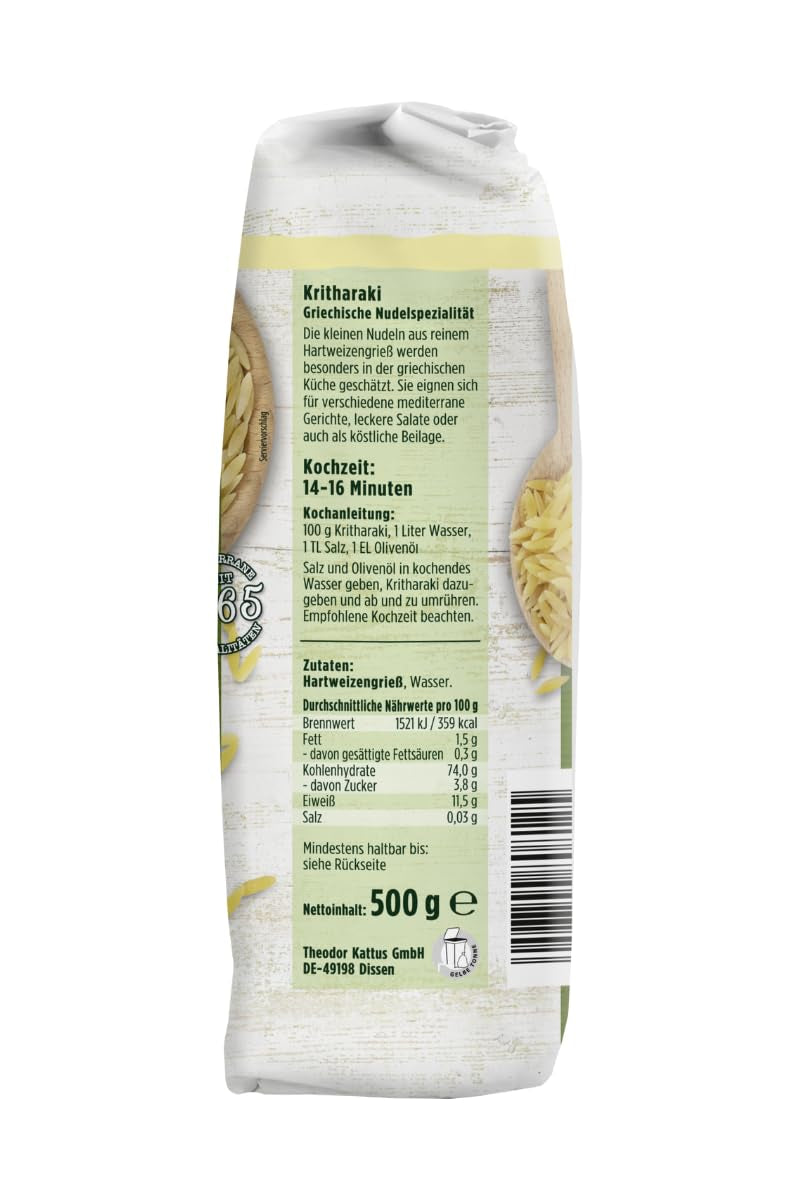 - Kritharaki Nudeln (Reisnudeln/Risoni/Orzo) | Griechische Nudelspezialität aus Hartweizengrieß | 500 g i påse