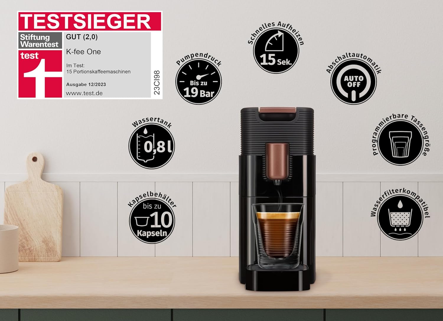 Espressomaskin med K-FEE ONE kapslar för kaffe, te och kakao | Kompakt espresso | Snabb uppvärmning | 0,8 l vattentank | 19 takter | Svart koppar | Stiftung Warentest 2023 testvinnare
