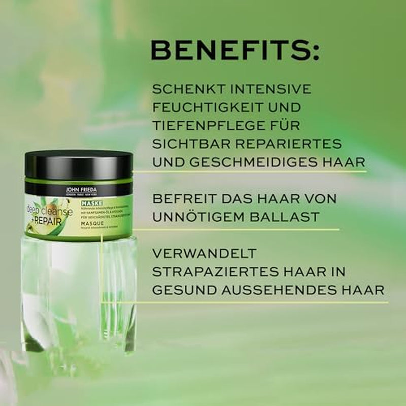 John Frieda - Deep Cleanse & Repair Mask / Treatment - Innehåll: 250 ml - Med hampfröolja + närande avokado - Lugnande hårmask för skadat hår Naty Shop hårmask