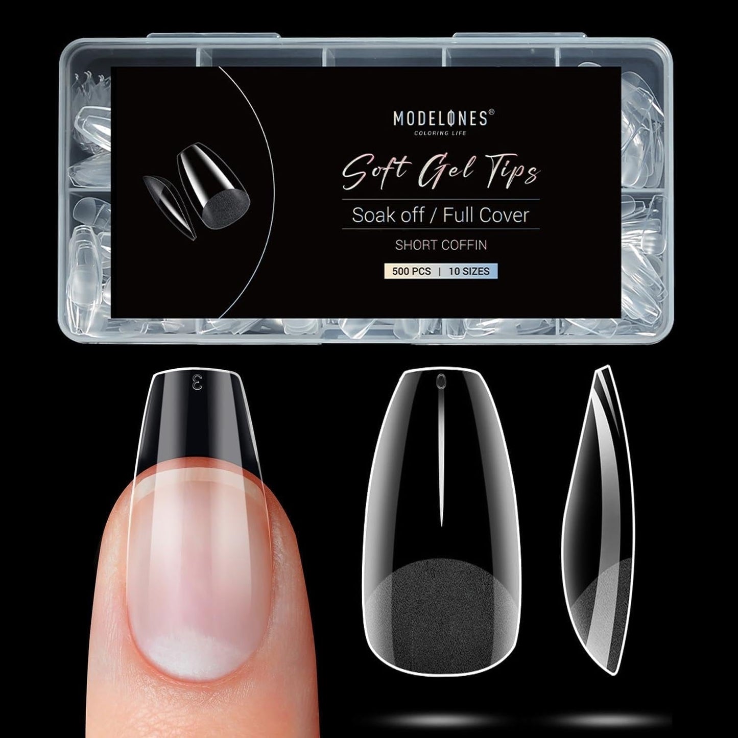 Modelones Nail Tips 510 Pieces - Heltäckande Nail Tips Set, Gel Tips Set, Pre-Polish PMMA Resin Nail Tips, Konstgjorda naglar för lim på Nail Art DIY, Short Squoval