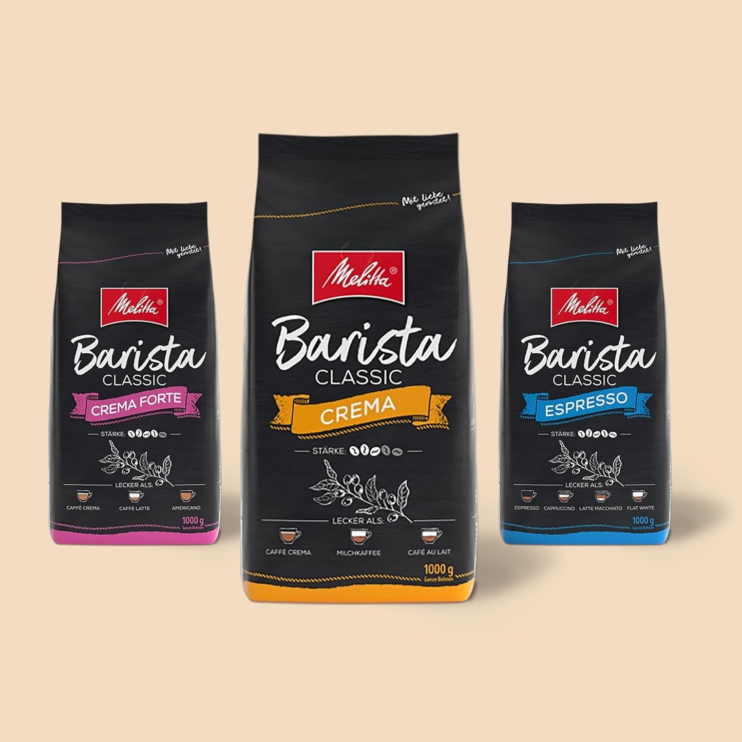 Melitta Barista Classic Crema, Hela Kaffebönor 1kg, Ungemahlen, Kaffeebohnen für Kaffee-Vollautomat, medium Röstung, Stärke 3, Verpackung kan varieran