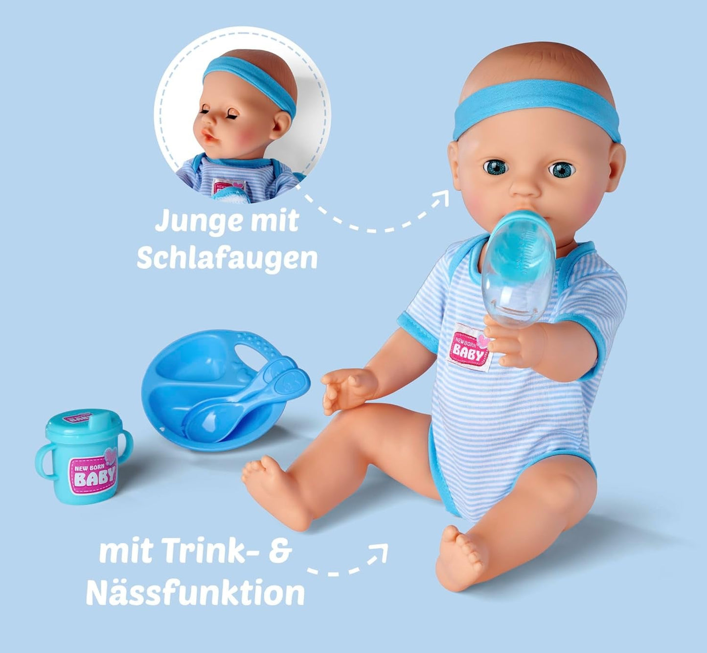 Simba 105030044 - Newborn Doll - Pojke, helvinyldocka med sovande ögon, dricks- och vätningsfunktion och tillbehör, 8 delar, 43 cm, babydocka, 3+