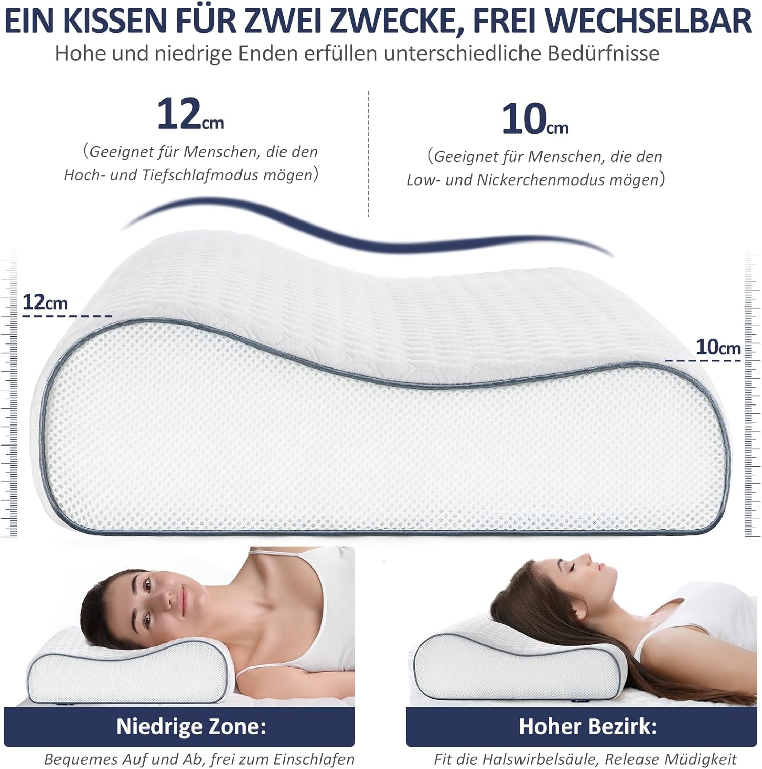 BedStory Memory Foam-kudde, höjdjusterbar nackstödskudde, ergonomisk kudde, sidokudde för rygg- och magsömnarna (60x36x12/10cm)