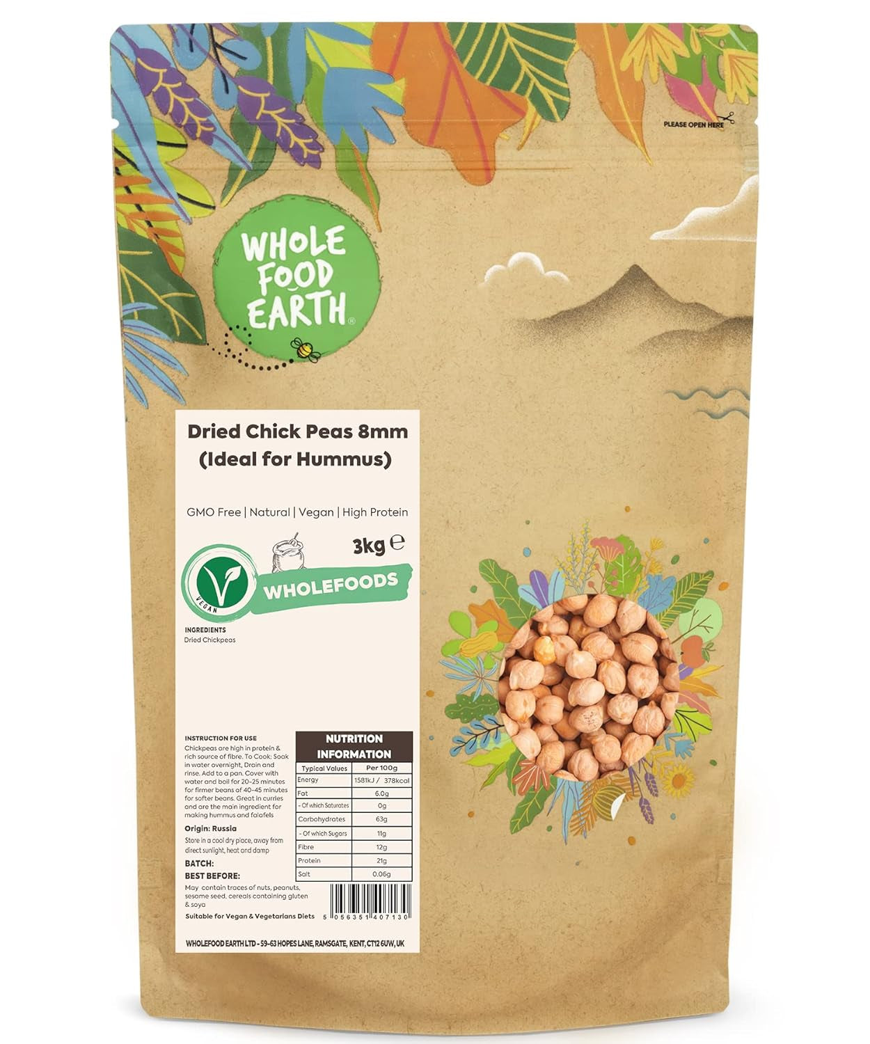 Wholefood Earth Kikärter, 8 mm (perfekt för hummus), icke-GMO, naturliga, vegan, mjölkfria, utan tillsatt socker, 2 kg