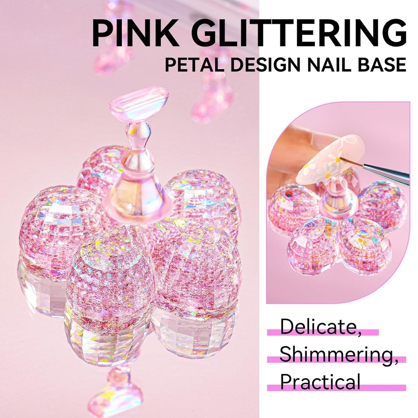 Makartt akryl nagelhållare, magnetisk nagelhållare, nagelhållare, transparent rosa nagelhållare med 48 självhäftande spackel
