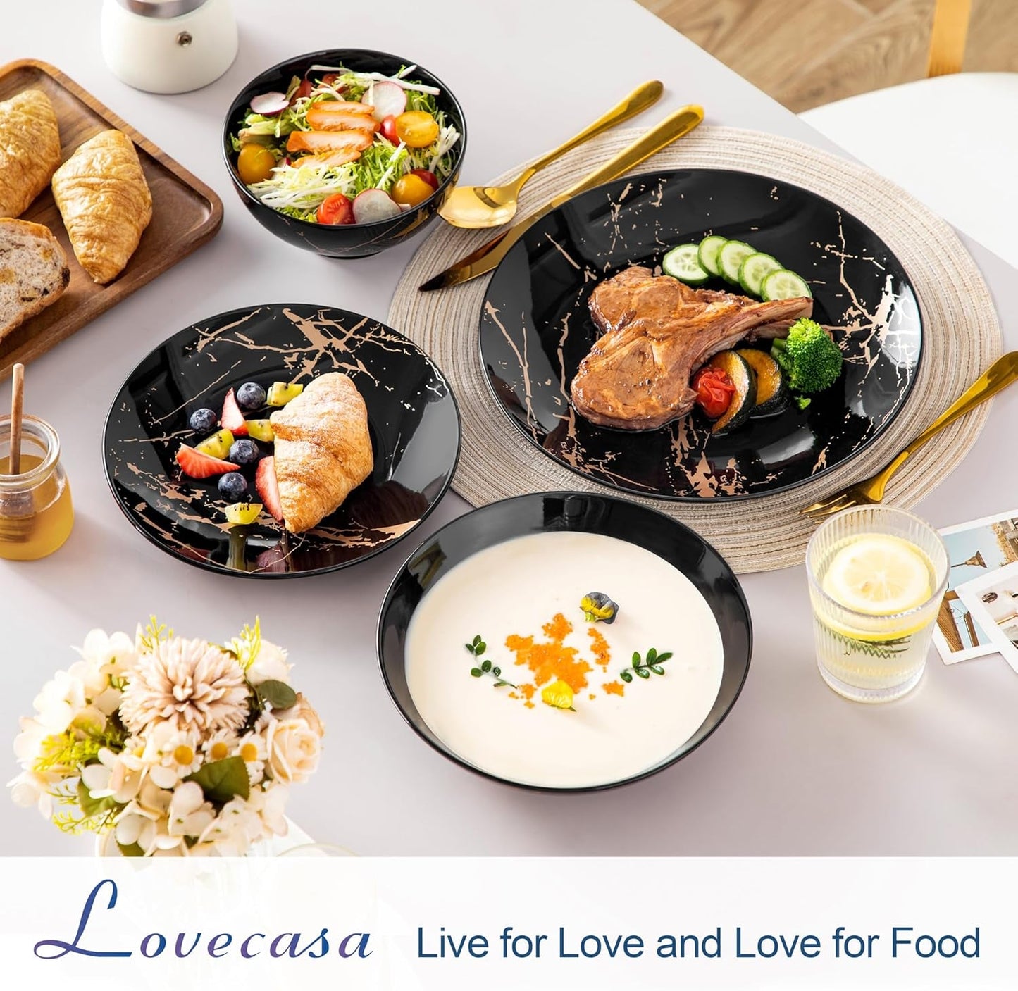 LOVECASA Daphne Series Porslinsservis Set SWEET 24-delat kombinationsset Gulddesign Middagstallrikar Desserttallrikar spannmålsskålar och mattallrikar för 6