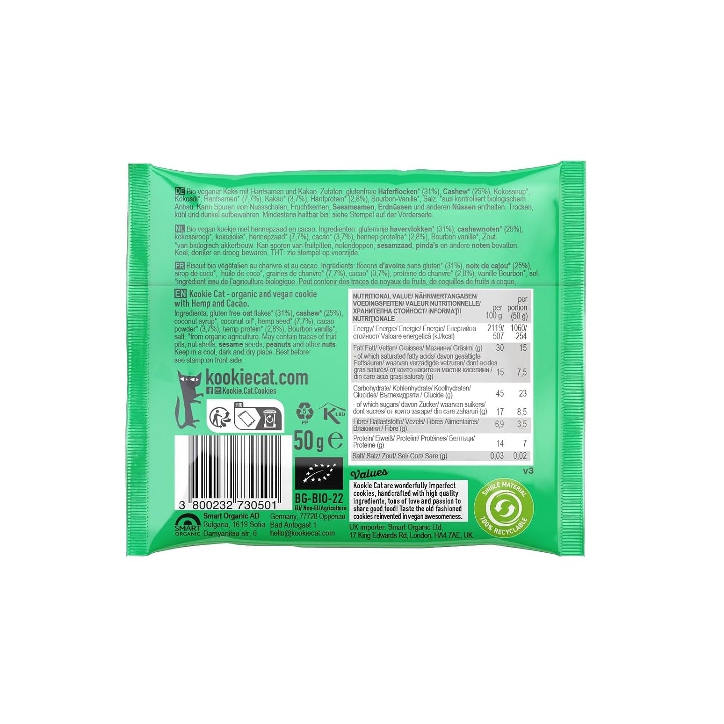 Hampafrön och kakao - individuellt förpackade veganska glutenfria sojafria ekologiska cashew- och havrekakor - 12 x 50 g multipack