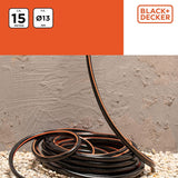 BLACK+DECKER Trädgårdsslang 15 meter - Ø13MM - Slitstark PVC - Vattna trädgården, tvätta bilen, fylla poolen - Kompatibel med alla vanliga kranar - Svart/Orange