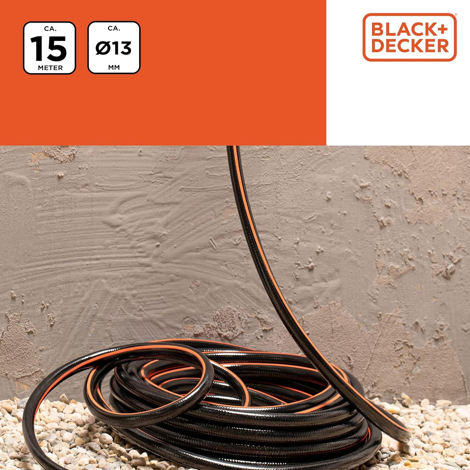 BLACK+DECKER Trädgårdsslang 15 meter - Ø13MM - Slitstark PVC - Vattna trädgården, tvätta bilen, fylla poolen - Kompatibel med alla vanliga kranar - Svart/Orange