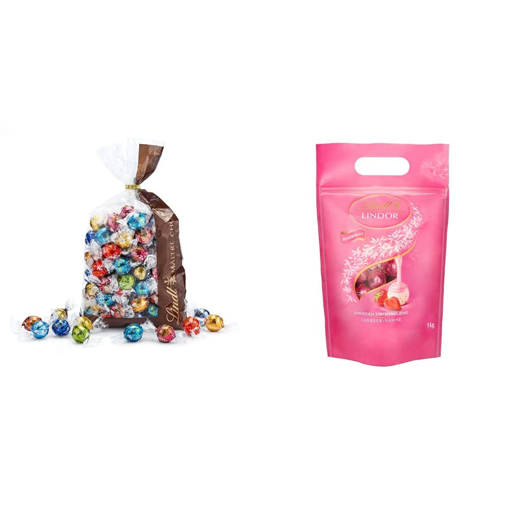 Chokladmix LINDOR | 1371 g | Ca. 109 bollar: Mjölkchoklad och LINDOR bollar med jordgubbsgrädde | 1 kg påse, ca. 80 chokladbollar vit choklad med jordgubbsgrädde