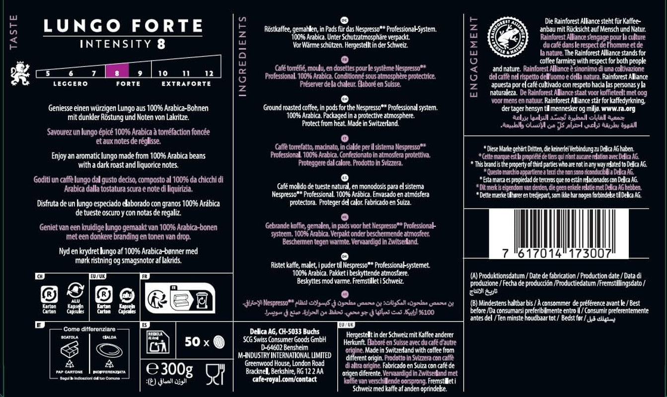Café Royal Professional Pads, Lungo Forte, 50 Nespresso (R) Professionell kompatibla pads för kontor och gastronomie, Rainforest Alliance certifierad, 100 Prozent Arabica Kaffee, Intensitet 8