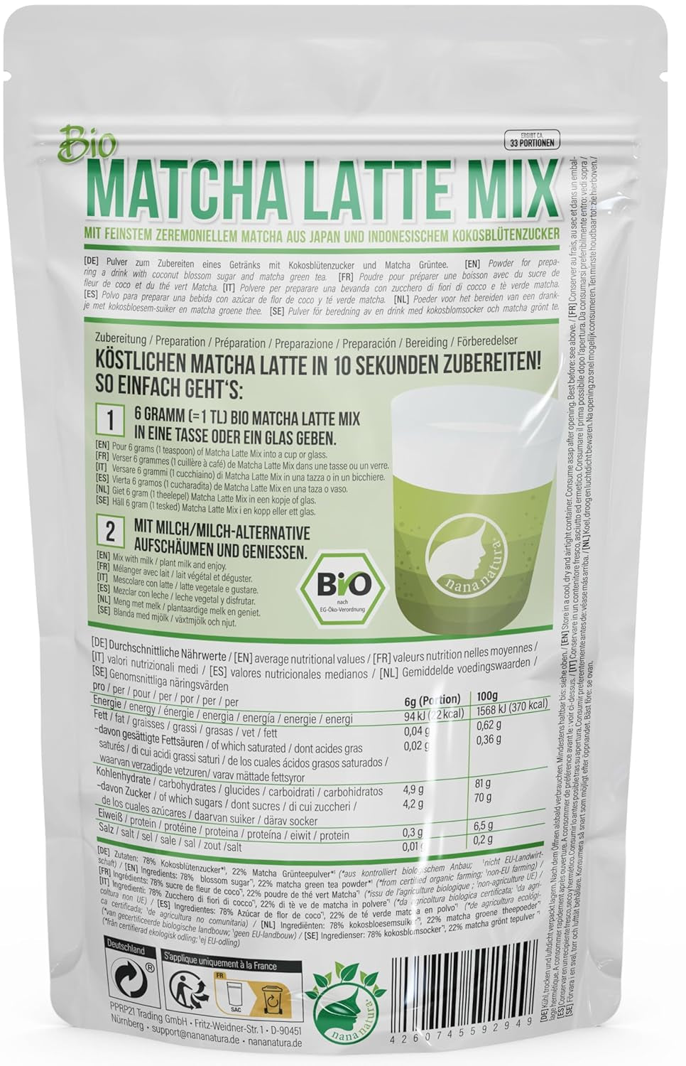 Nananatura'S Bio Matcha Latte Mix med 22 % ceremoniellt grönt tepulver från Japan | För en enkel och läcker njutning av te | Passar även till glass och bakverk