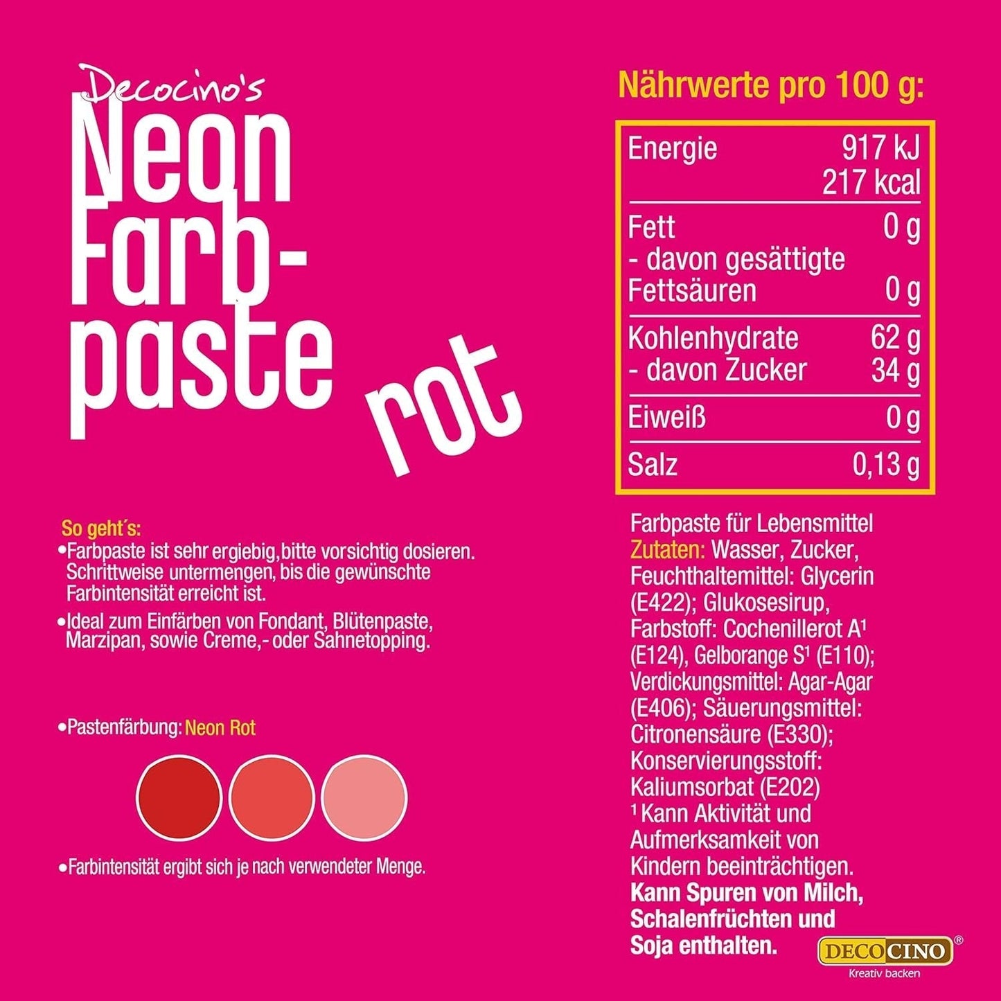 Decocino Neon Food Paste Red – Hög dos livsmedelsfärg – För att färga kakor, muffins, cupcakes – Smaklös
