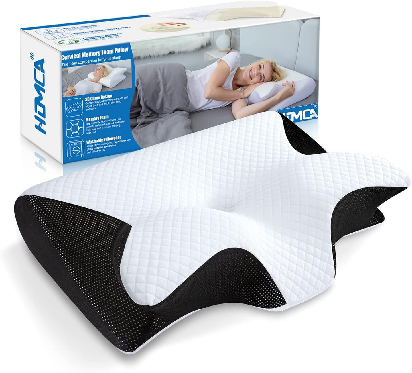 HOMCA nackkudde Ortopedisk kudde 2 i 1 Memory Foam Kudde Nackstödskudde Ergonomisk huvudkudde för rygg-, sido- och buksmärtor 60 X 13/11 X 40 cm Cervikala ortopediska kuddar Naty Shop Svart