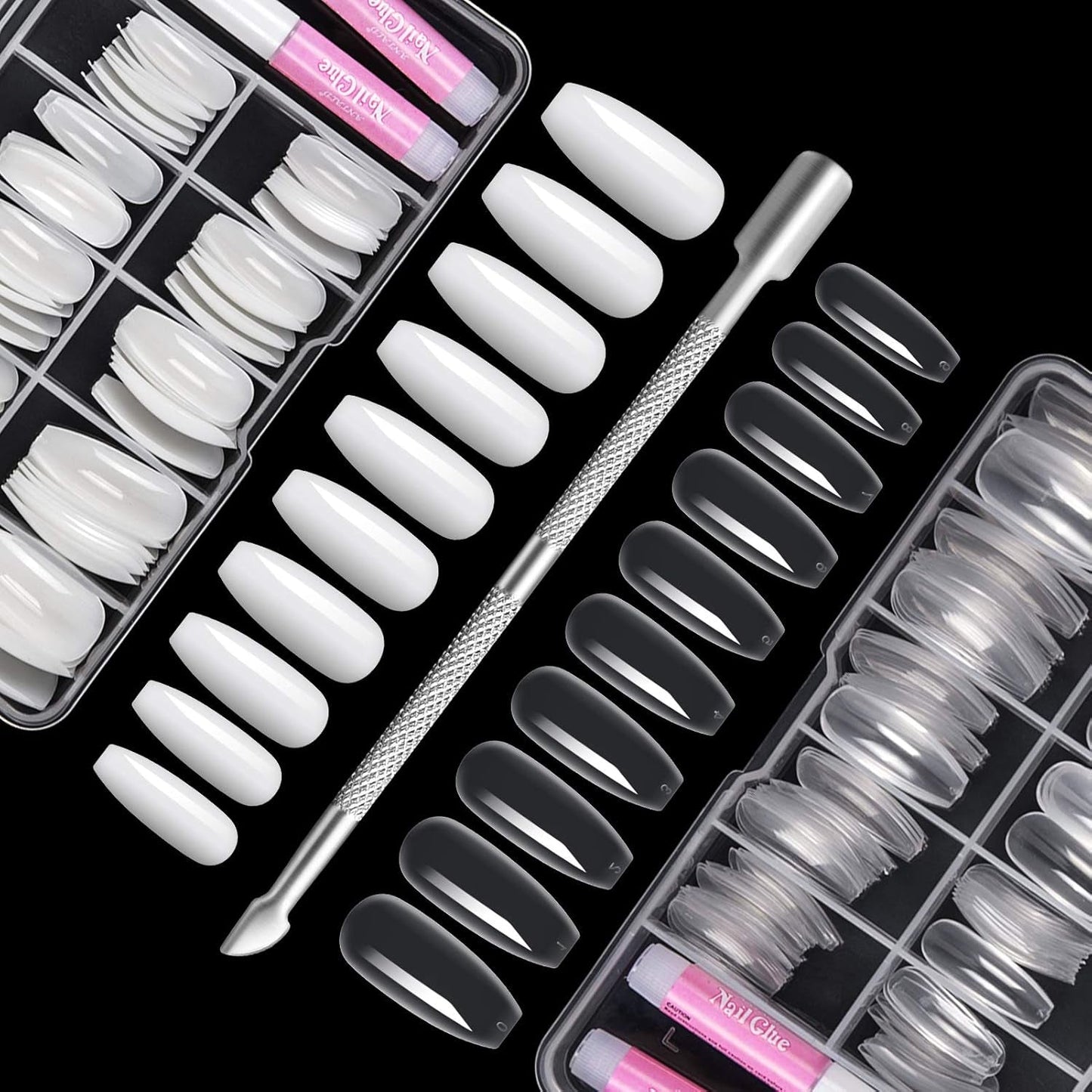 200 st lösnageltips 10 storlekar Konstgjorda akrylnaglar med nagelbandsskjutare och genomskinlig låda för kvinnor och flickor (naturligt och genomskinligt)