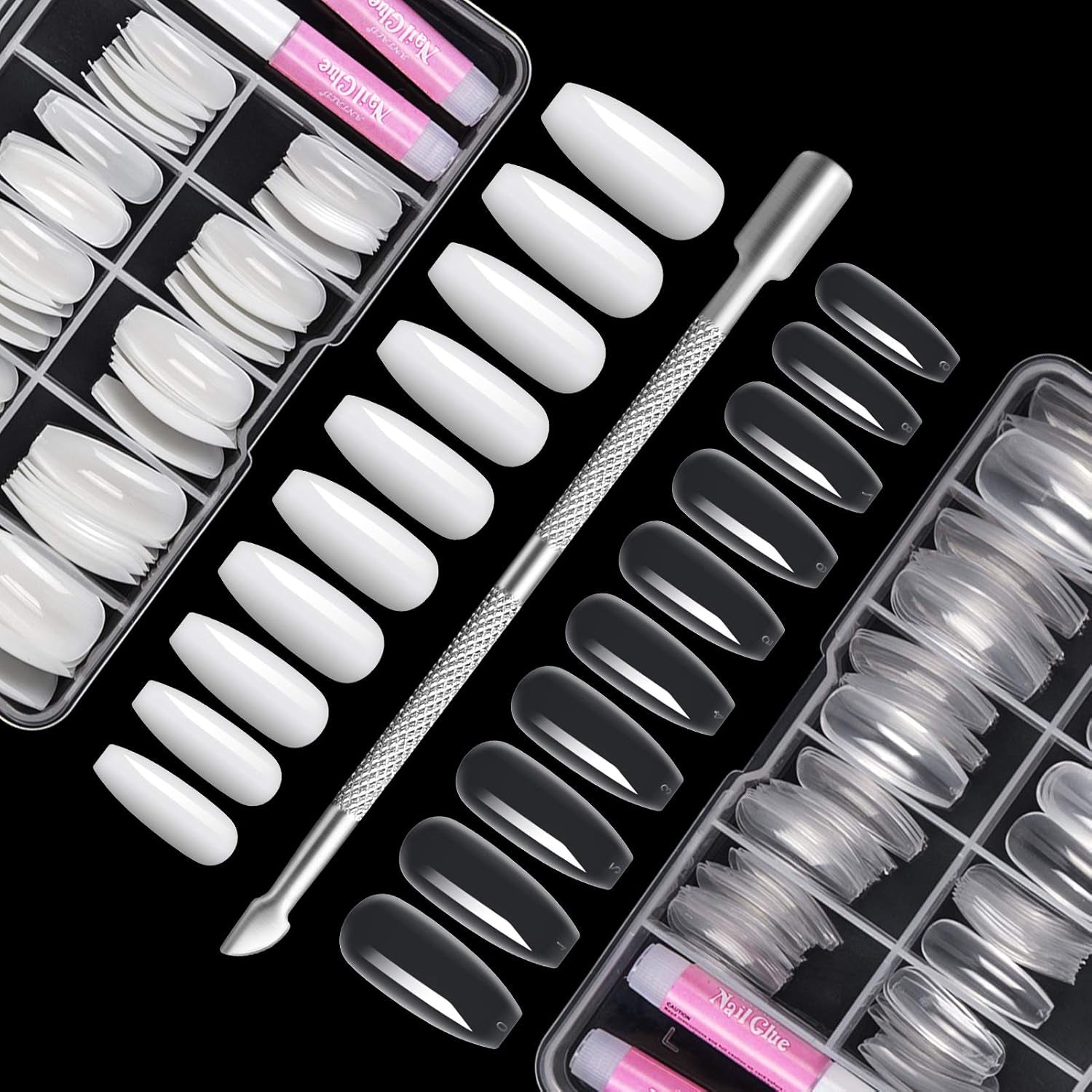 200 st lösnageltips 10 storlekar Konstgjorda akrylnaglar med nagelbandsskjutare och genomskinlig låda för kvinnor och flickor (naturligt och genomskinligt)