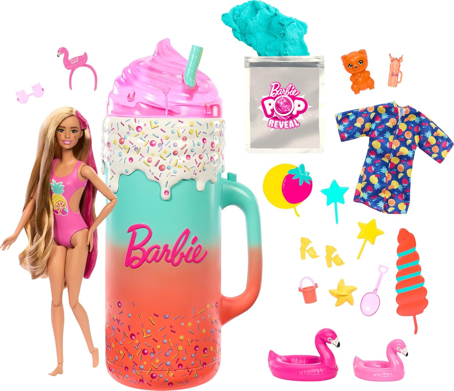 BARBIE Pop Reveal Rise & Surprise Present Set - 15+ överraskningar inklusive 1 Barbie-docka, strandtillbehör för lekfullt och fruktigt skoj för barn från 3 år och uppåt, HRK57