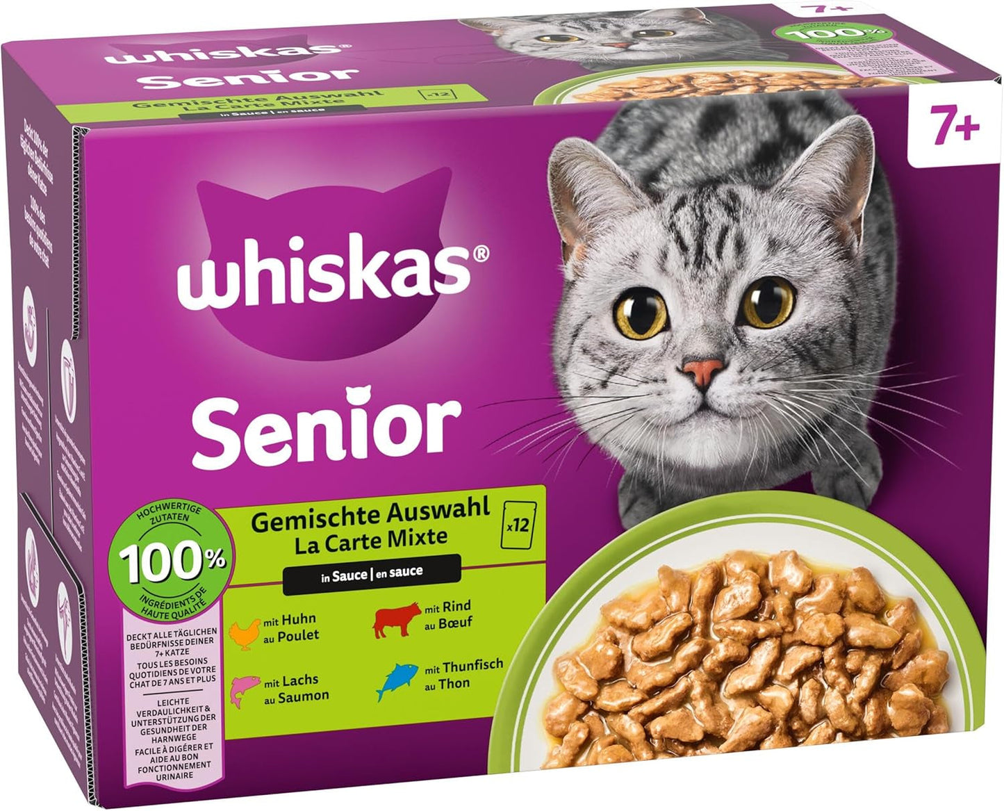 Whiskas Senior 7+ våtfoder blandat urval i sås, 48 ​​dospåsar, 12x85 g (paket med 4) - våtfoder av hög kvalitet för katter från 7 år och äldre