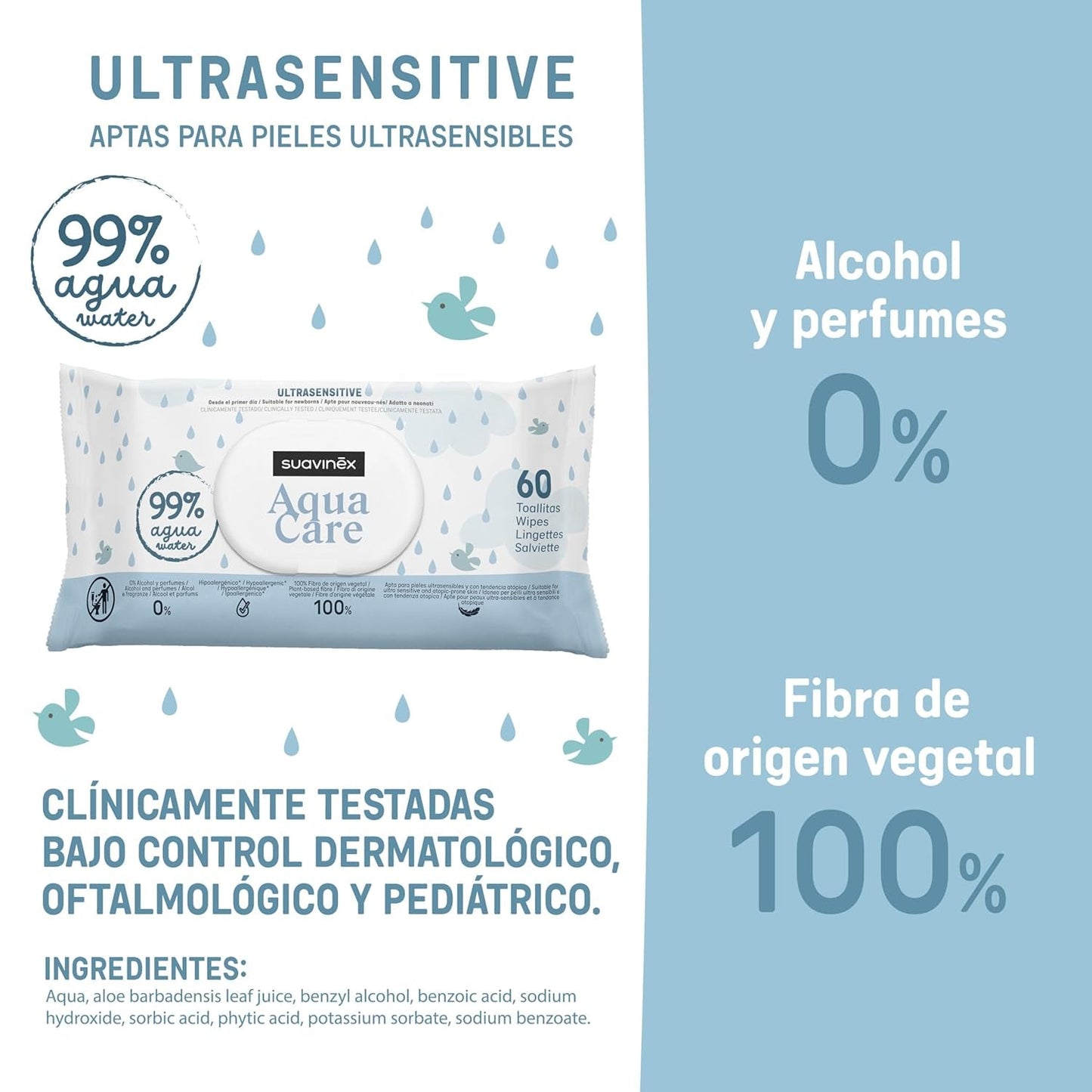 Suavinex Aqua Care Baby Wet Wipes 60 Count Cleansing Wipes 99% Vatten Växtfiber Aloe Vera Doftfri Alkoholfri Dermatologiskt testad Lämplig för känslig hud