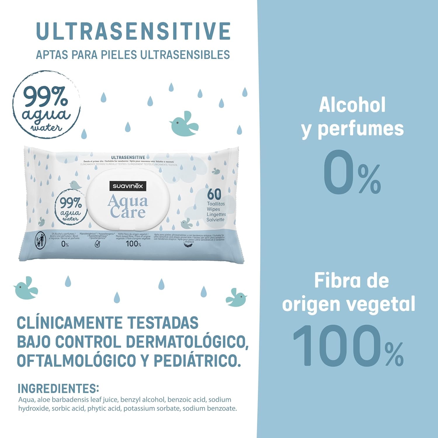 Suavinex Aqua Care Baby Wet Wipes 60 Count Cleansing Wipes 99% Vatten Växtfiber Aloe Vera Doftfri Alkoholfri Dermatologiskt testad Lämplig för känslig hud