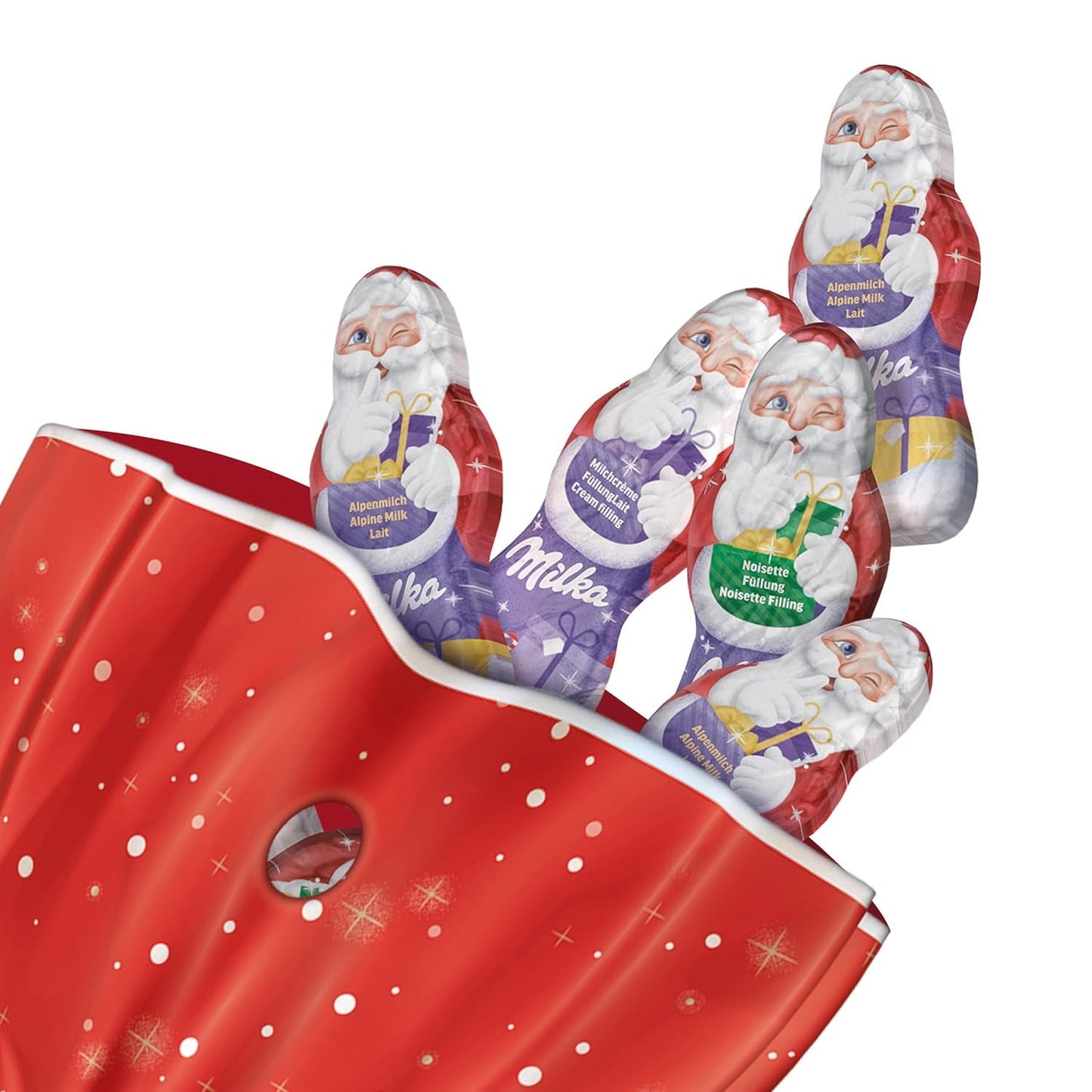 Milka Mini Santas – alpin mjölkmix, mjölkgrädde och hasselnötter i festlig individuell förpackning – 120g