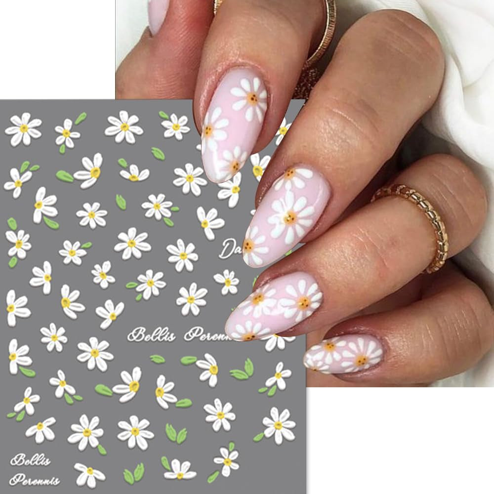 5D-präglade vita prästkragar Nagelklistermärken Blommor Nagelklistermärken Blommor Självhäftande folieklistermärken Nagelkonstklistermärken Tusenskönor Nageldekoration Tillbehör Blomdesignklistermärken Nagelkonst