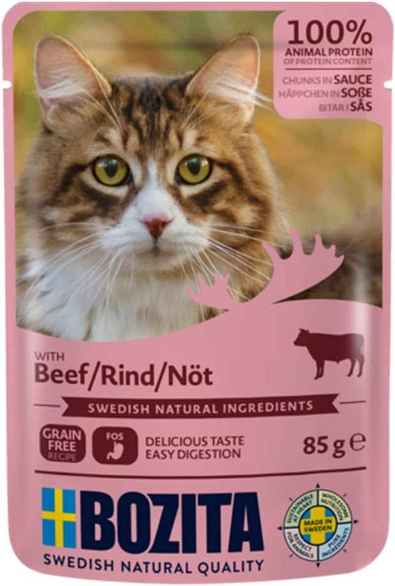 Bozita Pouch Våtfoderbitar i nötköttsås - 12 påsar x 85g Spannmåls- och vetefritt våtfoder för katter - Våtfoder för vuxna katter med 8,5 % protein och 4,5 % fett