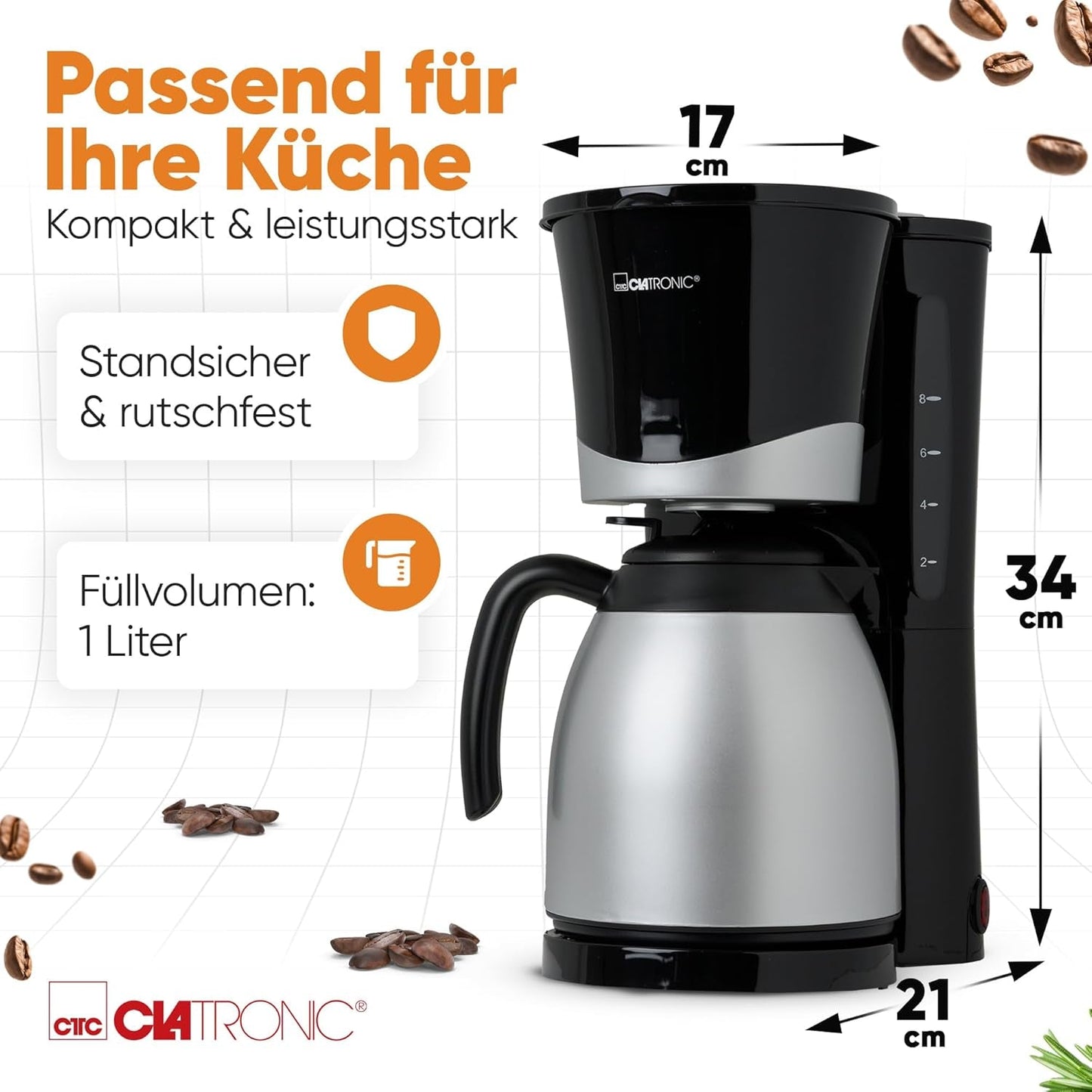 Clatronic® kaffebryggare med termos | för 8-10 koppar kaffe | utan temperaturförlust | kaffebryggare med filter | 1 liter | Espresso | Filterkaffebryggare med termos | KA 3327 svart