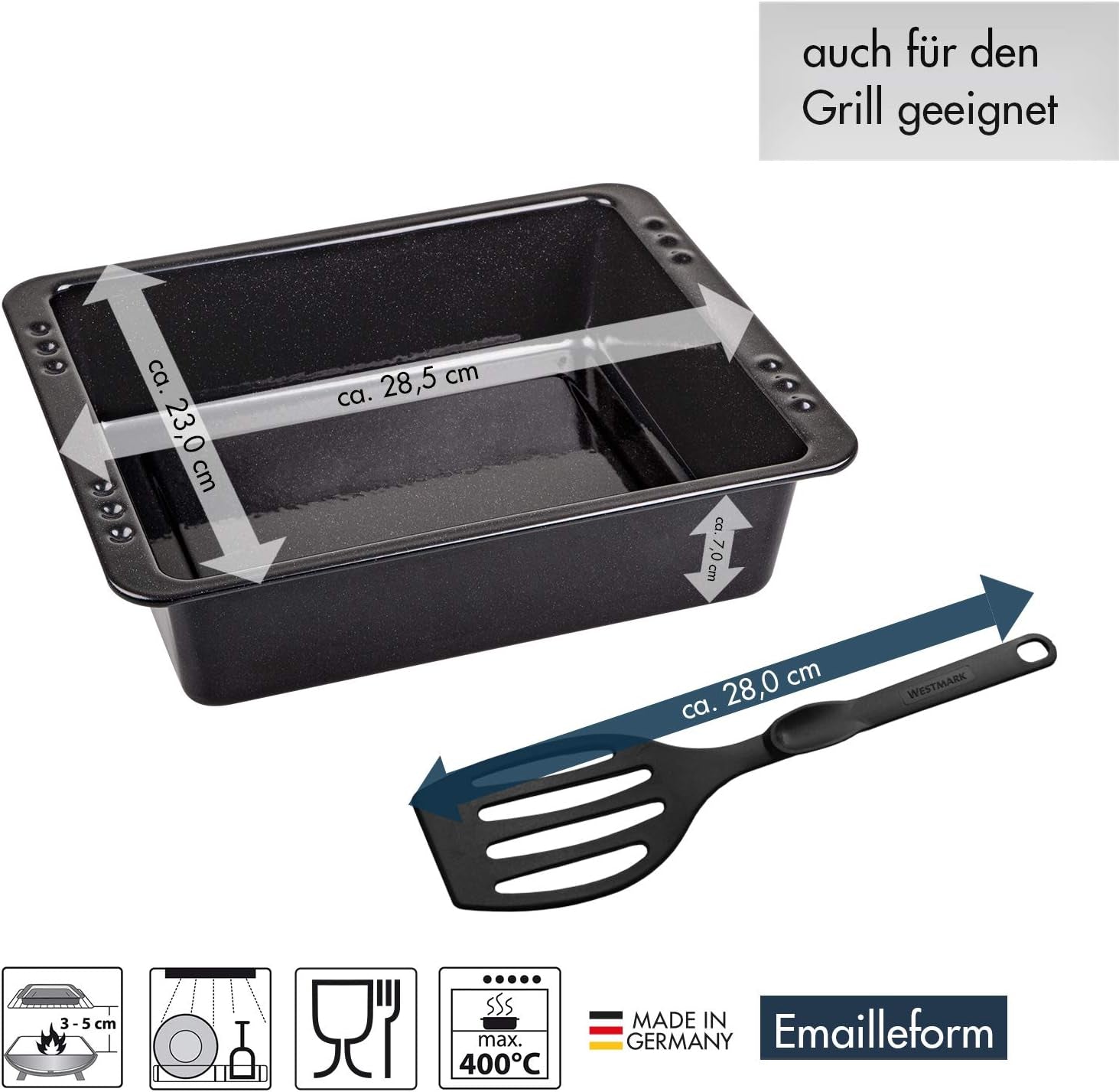 Chg SET 341-46-60 Extra Tiefe Ofenform (7,0 Cm) "Emaille" Mit Profi-Pfannenwender", Schwarz Gesprenkelt Formar och brickor för bakning Naty Shop