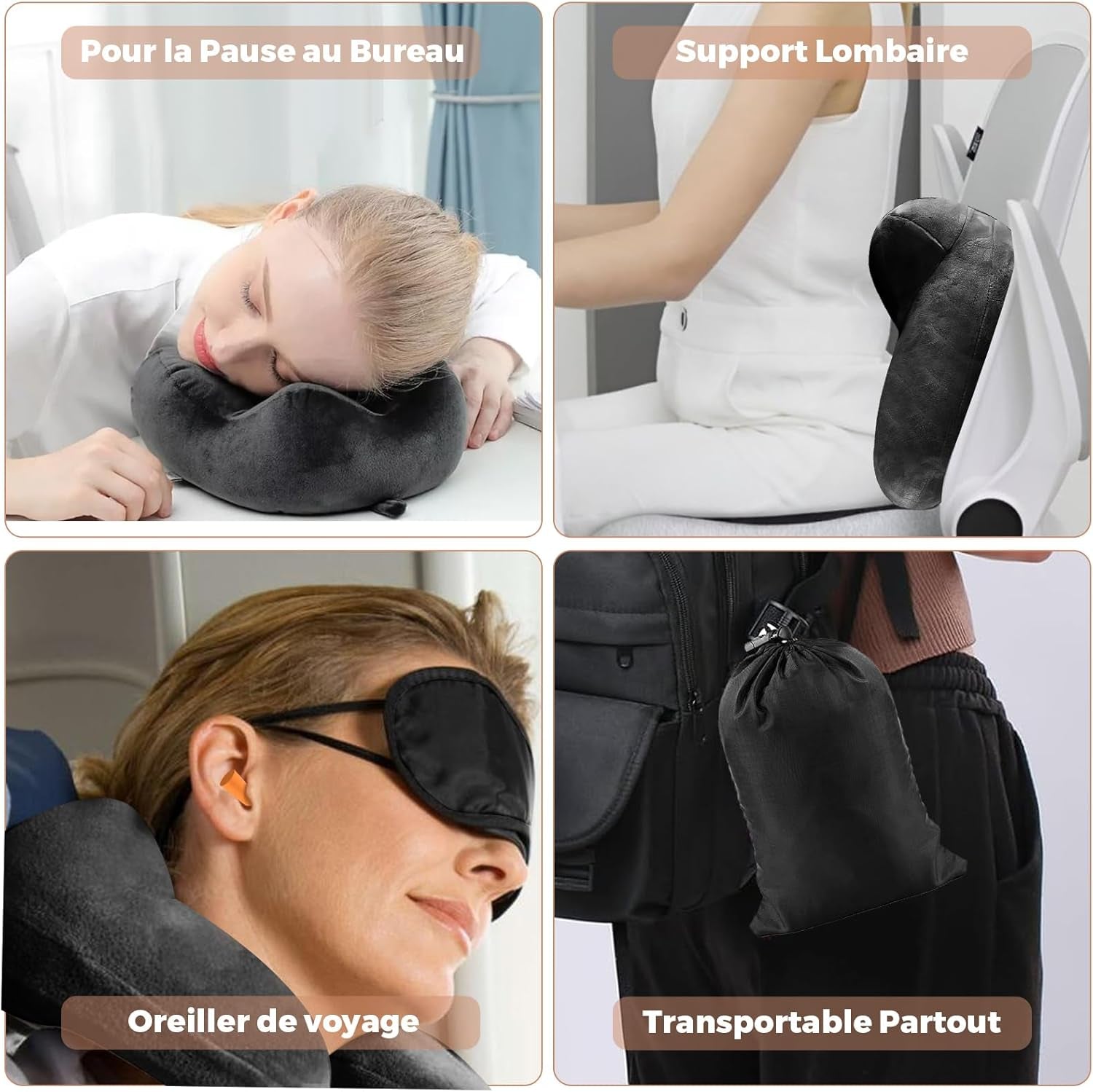 Uppblåsbar resekudde, resekudde med sovmask + öronproppar + bärväska, superlätt och bärbar, perfekt för flygplan, bil, hem, kontor, svarta Naty Shop resekuddar