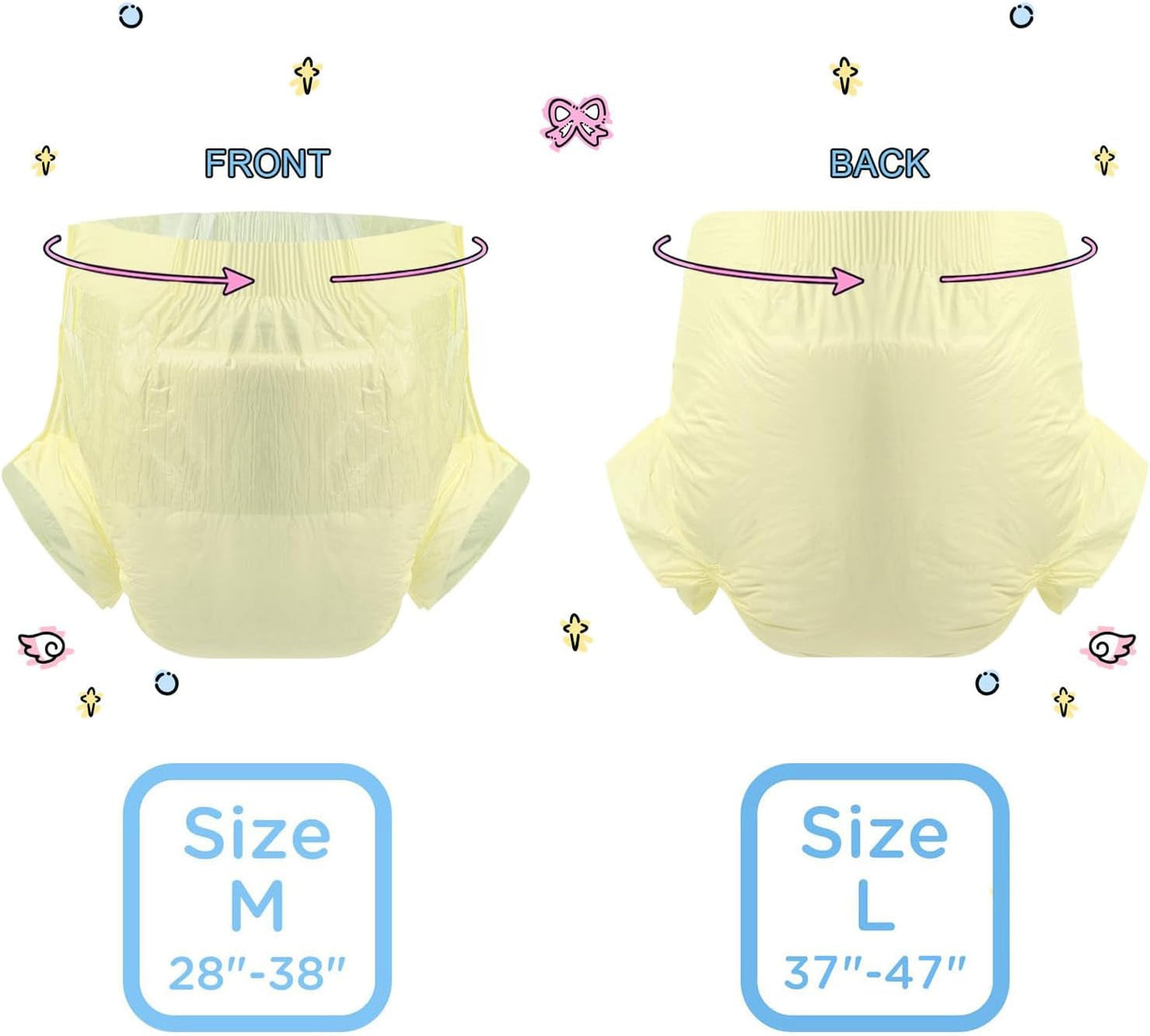CutiePlusU vuxenblöjor, 10-pack inkontinenstrosor för engångsbruk med öglor för kvinnor och män, maximal absorptionsförmåga över natten - gul (medelstorlek 71-96 cm)