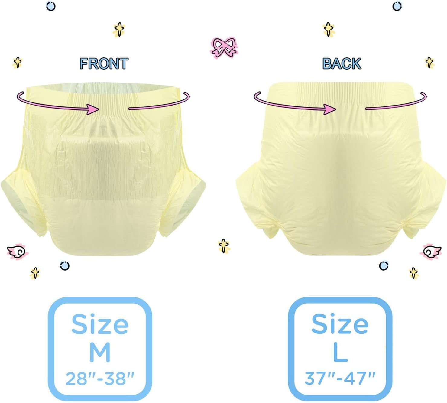 CutiePlusU vuxenblöjor, 10-pack inkontinenstrosor för engångsbruk med öglor för kvinnor och män, maximal absorptionsförmåga över natten - gul (medelstorlek 71-96 cm)