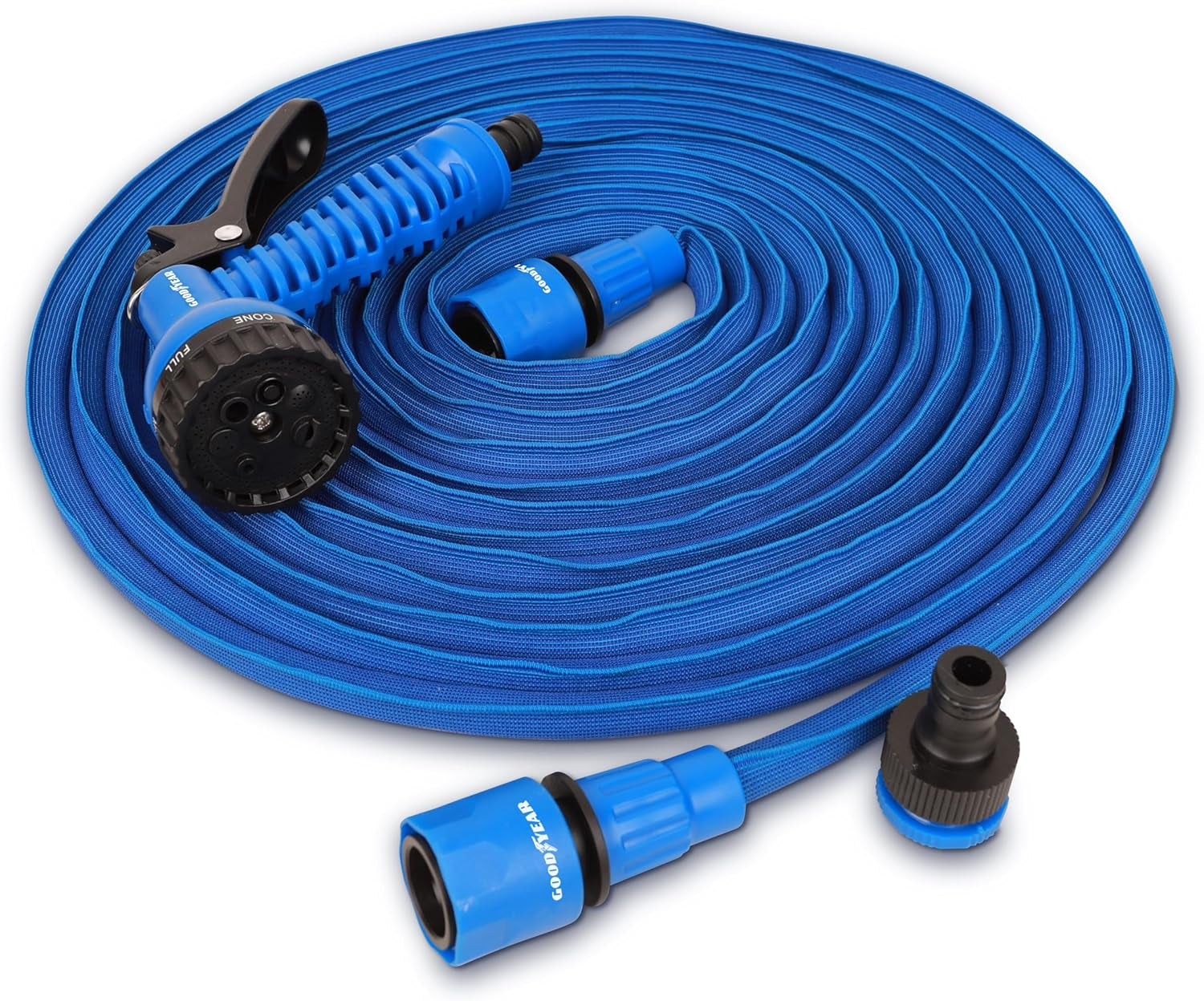 Goodyear - 30 m flexibel, vridfri och lätt 3-lagers latex och högdensitetstextil trädgårdsslang, ½" och ¾" snabbkopplingar + 7-funktions sprutpistol