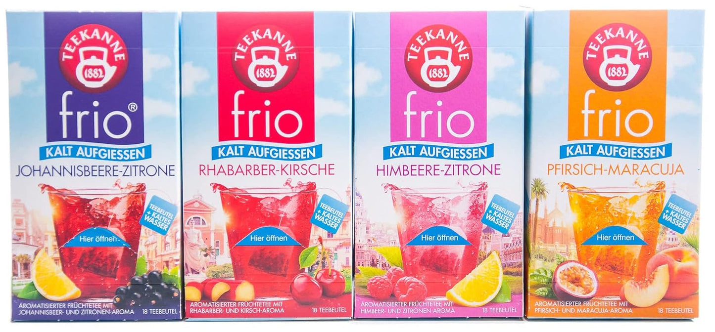 Teekanne Frio förpackning om 4, körsbärsrabarber, citronvinbär, citronhallon, passionsfruktpersika (4 x 45 g)