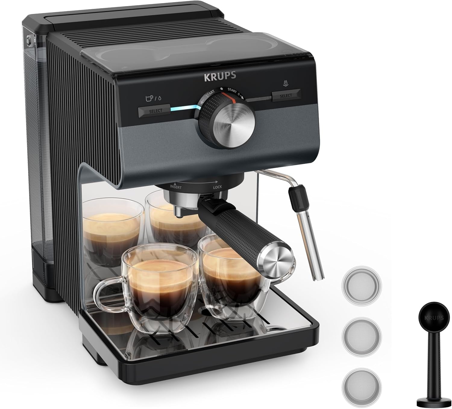 KRUPS Authentic+ espressomaskin, 15 bar, intuitiv drift, sofistikerad design, ångmunstycke, inklusive utökade tillbehör, Bullet Dark silver/Rostfritt stål, XP384G10