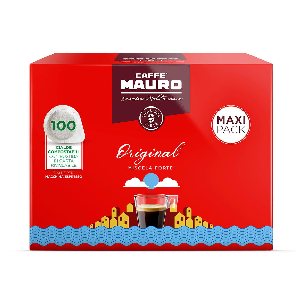 Caffè Mauro Torrefazione Kaffee Komposterbara Pods, Recyclebar Verpackung, Original Mischung - 100 stück - Intensität 10/10 - Kompatibel med ESE System Papier Pads 44 mm