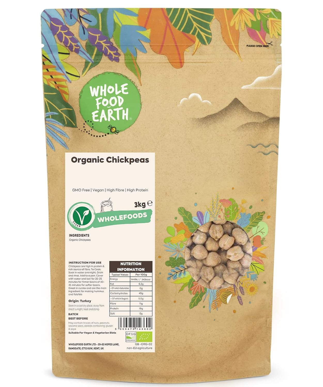 Wholefood Jord ekologiska kikärter 3 kg | Icke-GMO | Vegan | Rik på fibrer | Rik på protein | Certifierad ekologisk