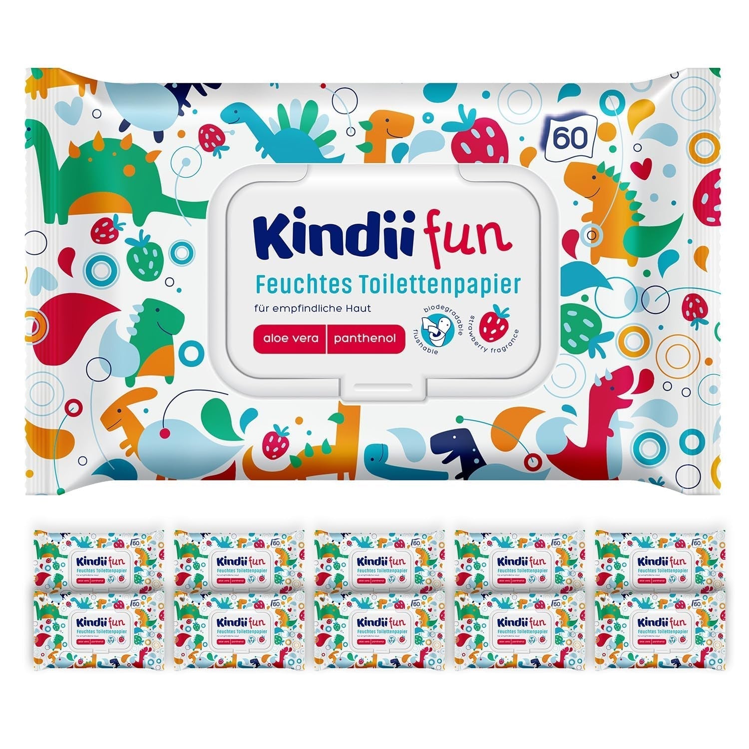 Kindii Fun Wet Toalettpapper - (10X60 stycken) Wet Toalettpapper - Kamomill, Aloe Vera, Ph-neutralt, Vattenbart, Fräschar upp det intima området - 600 stycken