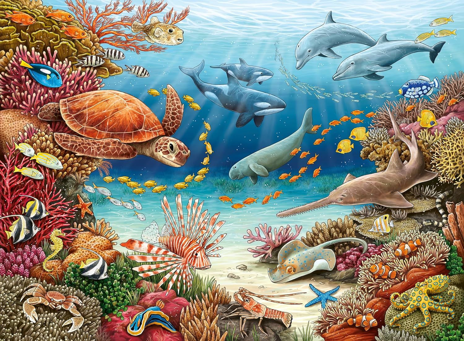 Ravensburger barnpussel 13411 - Havsdjur på korallrevet - Varför? Varför? Varför? Pussel 150 bitar XXL + kunskapsaffisch, för barn från 7 år Puzzle Naty Shop