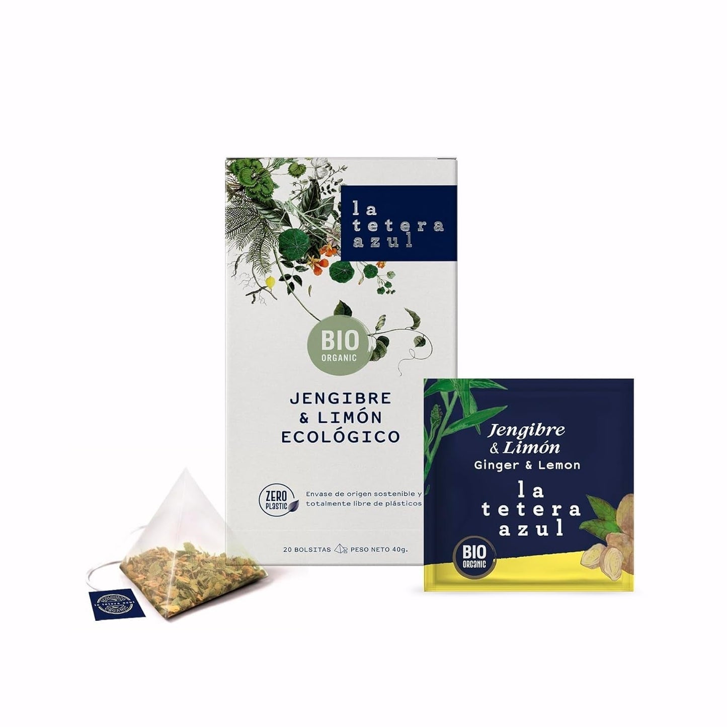 LA TETERA AZUL Ekologisk infusion av ingefära och citron. Ekologiskt te för viktminskning i pyramider. Ingefära och citron. 20 pyramider.