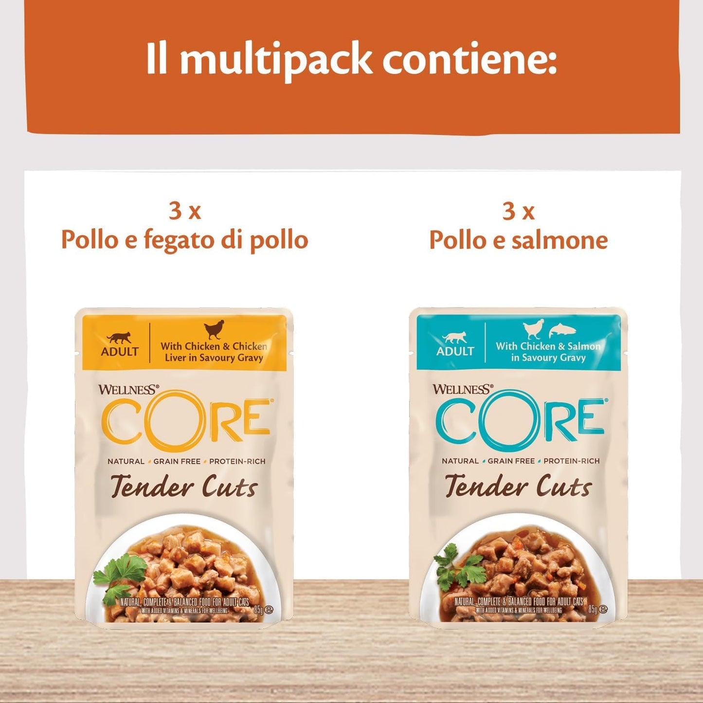 Wellness CORE Tender Cuts 6 x 85g, Kyckling Selection Mix - Våtfoder för katter, möra bitar i sås, spannmålsfria, naturliga, hypoallergena, rik på protein, hög kötthalt