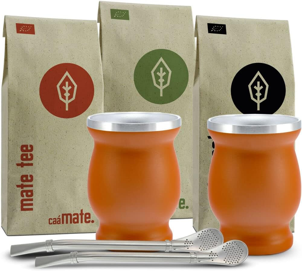 Mate Bio Tea Set ● 3 olika Mate + 2 dubbelväggiga Mate-koppar i rostfritt stål + 2 bombillor + förberedningsinstruktioner (svarta)